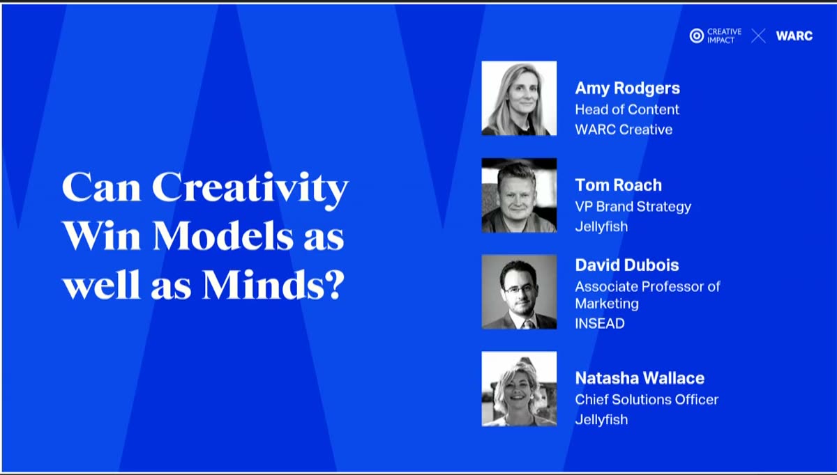Cannes Lions 2026 session title slide: Can Creativity Win Models as well as Minds? with speakers Amy Rodgers, Tom Roach, David Dubois and Natasha Wallace