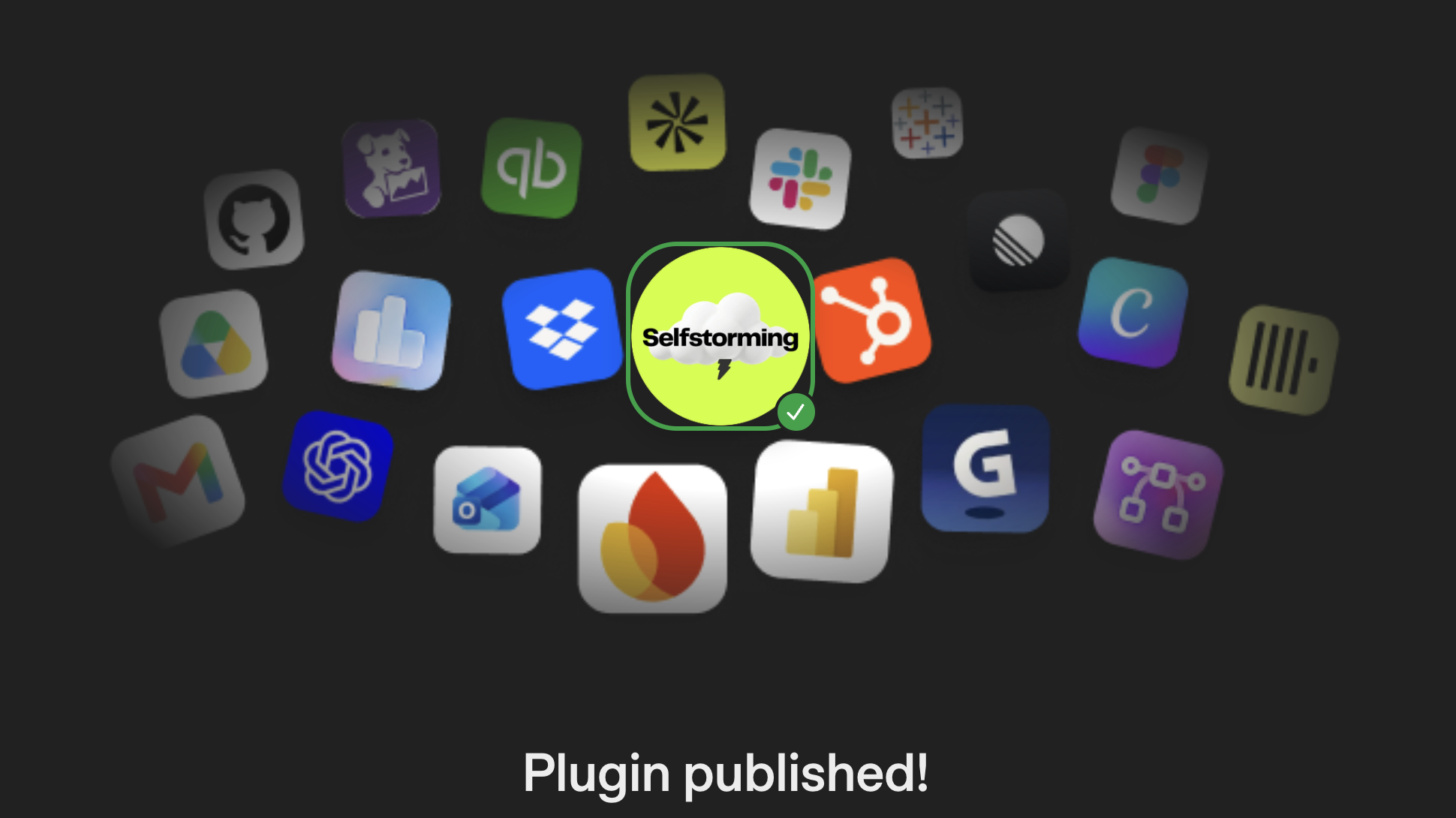 Selfstorming plugin published in ChatGPT, surrounded by other plugin icons