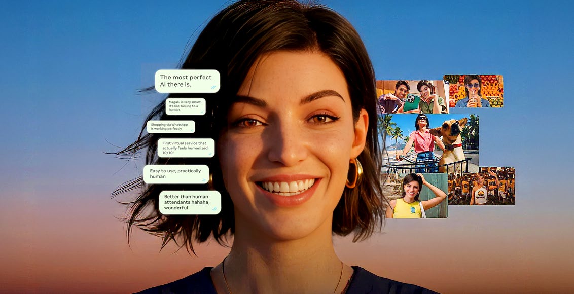 Magalu's virtual influencer Lu as an agentic AI shopping assistant on WhatsApp, surrounded by user testimonial chat bubbles