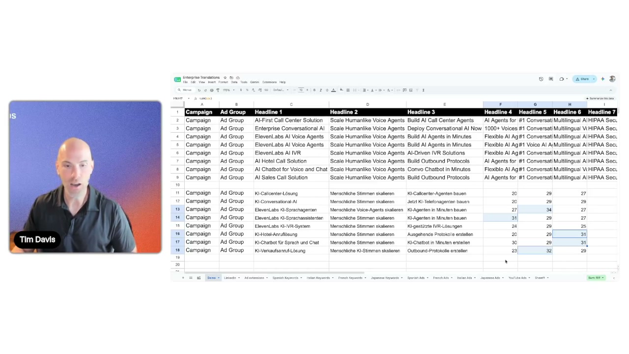 Google Sheets demo: AI-translated German ad headlines with character counts exceeding the given limits
